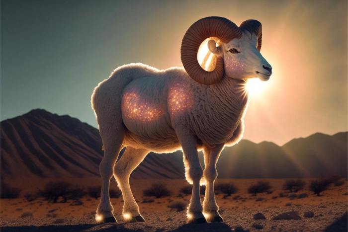 A white Ram in front of the Sun